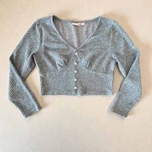 So Womens Blue Long Sleeve V Neck Cropped Button Corset Blouse Sz L Waffle Knit